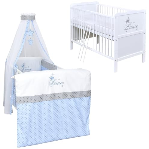 Babybett Komplett Set Max Prince 60x120 weiß Kinderbett umbaubar zum Juniorbett inkl. Bettwäsche Set Komplett (Prince Stars)