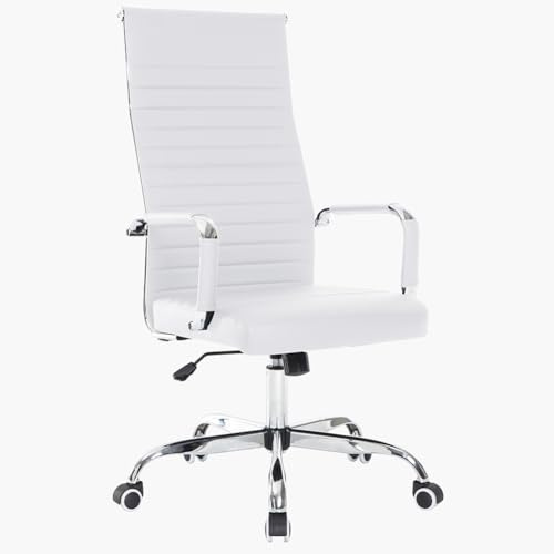 BAKAJI Sedia da Ufficio in Pelle Ergonomica con Schienale Alto e Supporto Lombare, Poltrona da Scrivania Girevole con Altezza Regolabile a Gas e Rotelle Girevoli a 360°, Base 64.5 cm Cromata (Bianco)