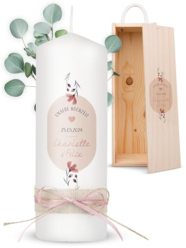 AMARI ® Personalisierte Hochzeitskerze Rose 20/7 cm - Traukerze mit Namen und Datum