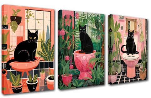 Pink Bathroom Animals Canvas Wall Art for Living Room Decor 3 Pieces Black Cat on the Toilet Wall Decor Artwork Lovely Bathroom Kitten Potted Plant Paintings Home Room Wall Pictures Framed 42''Wx20''H