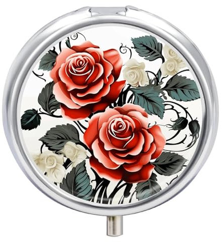 Runde Pillendose, 3 Fächer, Pillendose für Geldbörse und Tasche, kleiner Pillen-Organizer, Blumenmuster, Rose, Efeu mit Blättern, Frühling, Reise-Pillendose, tragbare Öl-Aufbewahrungsbox, Metall,