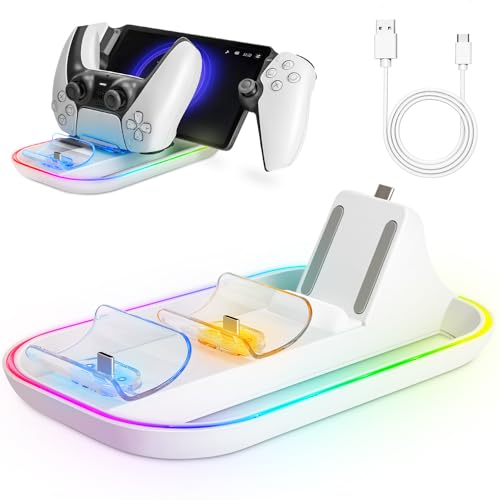 Stazione di Ricarica per Playstation Portal Remote Player e Controller PS5, Tendak Caricabatterie per PS Portal Remote Player con Luce RGB e Cavo di Tipo C