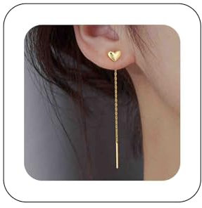 Aneneiceera Boho Herz Einfädelkette Ohrringe Barrenkette Tropfenohrringe Gold Lange Kette Ohrringe Liebe Herz Durchziehen Ohrringe Schmuck Für Frauen Und Mädchen (Gold)