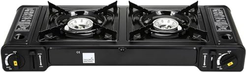Dual Burner Portable Camping Stove - EN417 Compliant Premium Portable Butane Gas Camping Stove - Automatic Ignition and Heat Control - Dual Cast Aluminium (Stove)