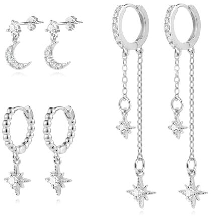 ALEXCRAFT Ohrstecker Silber 925 Mond Stern mit Zirkonia Ohrringe Hängend Glitzer Rund Geschenk für Frauen Freundin Mama Mädchen 3 Paar