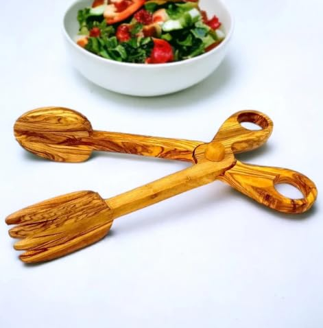 2-in-1 Olive Wood Salad Tongs and Scissors | Kitchen Tools Utensils | Salad Server Set | 26cm | Resistant and Easy to Clean