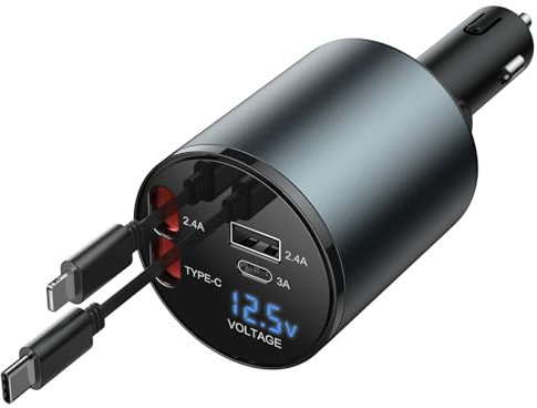 Rfish Car Charger 100W Retractable, 4 in 1 Retractable Cables, 2 USB Ports, Wireless Fast Car Charger