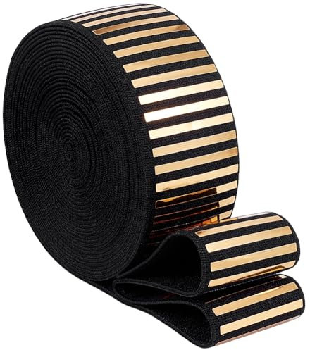 BENECREAT 5 Yards/4,6m schwarzes gestricktes Gummiband mit goldenen Laserstücken, 39 mm Nähgummiband Polyester-Stretchband zum Nähen von Taillenbändern, Perücken und zum Basteln
