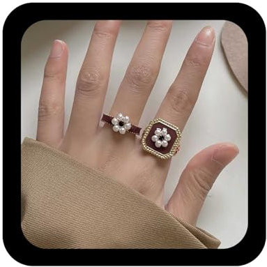 Cybche Anillo De Sello Cuadrado Negro De Perla Floral Vintage - Joya Para Las