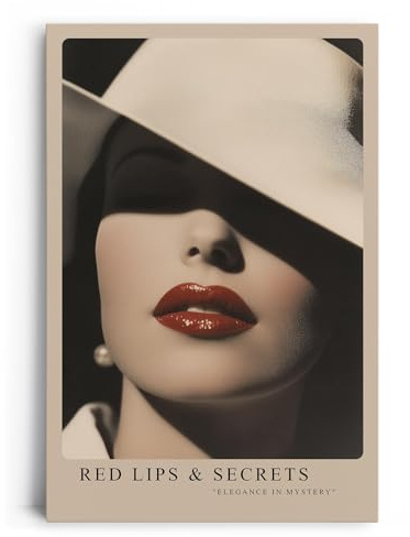 Paul Sinus Leinwandbild 80x120cm geheimnisvolle Frau mit rotem Lippenstift und elegantem Hut – stilvolles Leinwandbild mit zeitloser Ästhetik