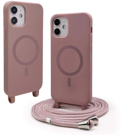 BGHHEU Silicone Coque Magnétique pour iPhone 12 avec Cordon,Compatible avec MagSafe,Étui Housse Silicone avec Portable Lanyard Réglable, Rose Gold