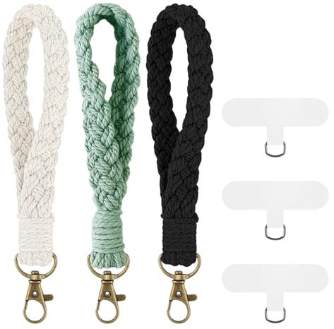 3 Pezzi Portachiavi Corda, Portachiavi Intrecciato a Mano, Appendere per Chiavi Appendere Gioielli, Bracciale Cordino Dotato di Anello a D a Forma di T Trasparente (Beige, Nero, Verde)