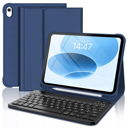 FOGARI Clavier pour iPad 10/11ème Génération 2022/2025, Clavier AZERTY sans Fil Bluetooth, Étui avec Porte-Crayon pour iPad 10ème Gén/A16 （10.9''/11‘’） - Bleu Foncé