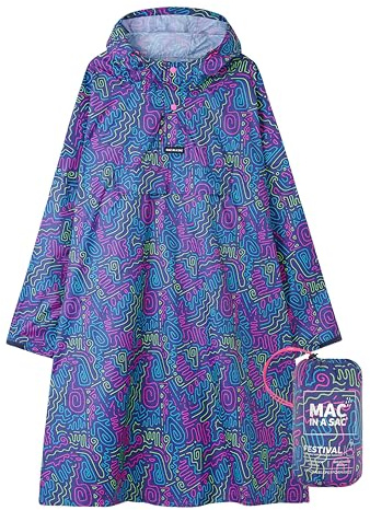 Mac in a Sac Festival Poncho - Packable Waterproof Cape - Unisex - Highly Breathable (8,000gsm) - Adjustable Snap Sides - Neon Jazz