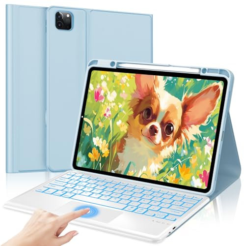 SENGBIRCH Coque Clavier pour iPad Pro 12.9 (6e/5e/4e/3e) Gen avec Pavé Tactile, AZERTY Français Clavier rétroéclairé 7 Couleurs Détachable sans Fil Bluetooth, Étui iPad Air 13, Bleu Chair