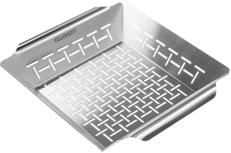 Feuergott Grillkorb Grillschale Edelstahl Schale für Gemüse, Fleisch - Grill, BBQ - Großer, massiver, robuster Grillkorb spülmaschinengeeignet 35x30x6cm