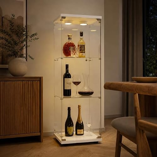 MGMYM Glasvitrine Standvitrine mit Tür und Schloss, 3 Lagen Sammlervitrine Vitrinenschrank, 1 Tür Glasvitrine Stehend Für Wohnzimmer Schlafzimmer Büro (Weiß 1 Tür, 3 Lagen+Licht)