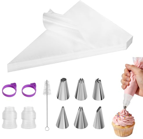 100 pièces de Poches à Douille jetables, Poches à Douille avec 6 Embouts en Acier Inoxydable, 2 adaptateurs, 1 Brosse de Nettoyage et 2 Pinces, Set de Poches à Douille, Accessoires de pâtisserie
