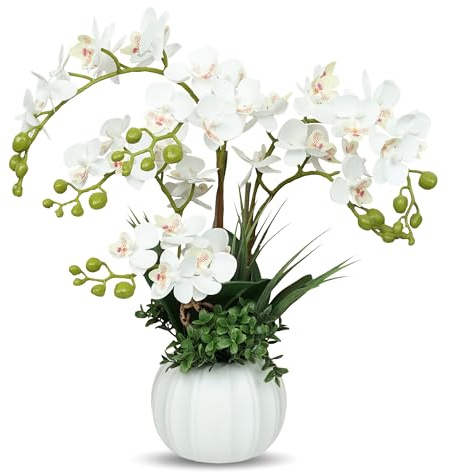 orchidea finta realistica, Fiori di orchidea finti con vaso piante finte da interno per decorare il soggiorno, la camera da letto, la cucina e il tavolo (bianco)