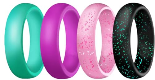 Baluue Lot de 4 Bagues en Silicone Pailletées pour Femme, Tailles 3 à 9, Souples et Respirantes, Anneaux Polyvalents pour Sport et Usage Quotidien, Couleurs Assorties Couleur