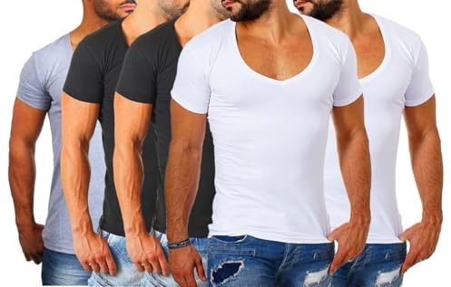 Young & Rich Herren Uni T-Shirt Basic mit extra tiefem V-Ausschnitt Slimfit deep V-Neck Stretch dehnbar 1315