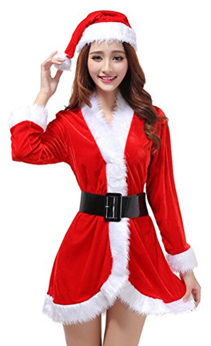 OULII 3Pcs Womens Weihnachtsmann-Weihnachtskostüm Cosplay Xmas Outfit-Abendkleid-reizvolles Set (freie Größe)