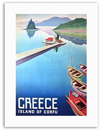 Wee Blue Coo ISLAND CORFU GREECE BOATS PIER Poster Travel Canvas art Prints