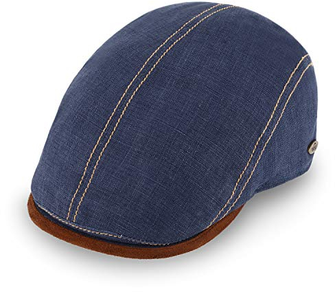 fiebig Brighton Flatcap aus Leinen | Schirmmütze mit Baumwollfutter | Schiebermütze mit Kontrastnähten (62-XXL, Jeansblau)