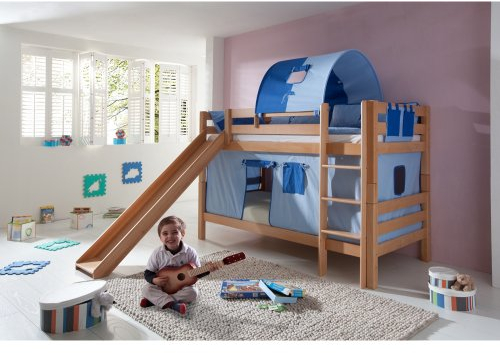 Relita Etagenbett Bill, Buche Natur massiv, mit Rutsche + Stoffset blau-Delfin