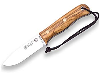 Coltello Bushcraft Campero CO118-P, lama 10,5 cm, mango legno d'ulivo 11,5 cm, fodero in pelle marrone con selce, per la pesca, la caccia, il campeggio e il trekking