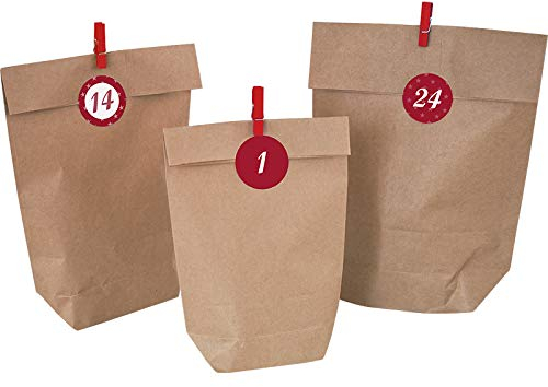 GOKarli Adventskalender-Set zum Befüllen Kreuzbodenbeutel 24 Adventstüten in 3 Größen, 24 Zahlensticker & 24 Deko-Klammern