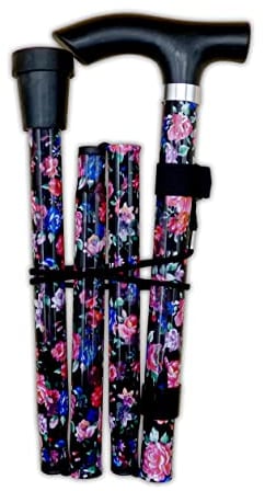 Life Healthcare Folding Walking Stick–Adjustable Height Lightweight Aluminium Cane for Elderly Disabled Men & Women–Non-Slip Rubber Tip Ergonomic Handle & Travel-Friendly Design (Black Floral)