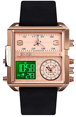 SKMEI Montre de sport numérique pour homme - LED carrée - Grand cadran analogique - Quartz - Avec plusieurs fuseaux horaires - Étanche - Chronomètre, Or rose noir-clair, 1.78*1.61*0.55 inch,