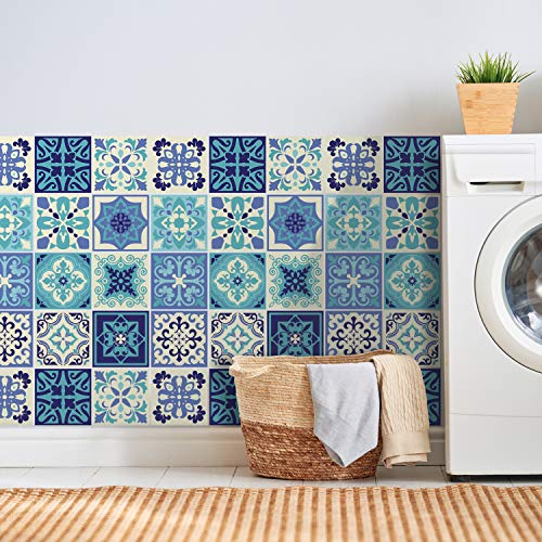 WALPLUS 24 Stück 15x15cm Blau Turquoise Fliesenaufkleber Marokkanisch Wandfliesen Aufkleber Küchenrückwand Selbstklebende Fliesen Küche Bad Dekoration Fliesenfolie Fliesenabziehbilder