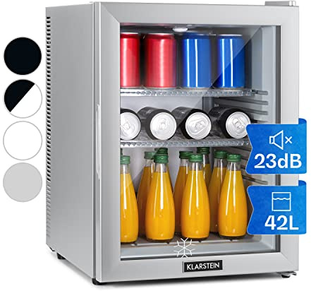 KLARSTEIN Brooklyn - Minibar, Mini Frigo da Camera, Sistema Raffreddamento Termoelettrico in 3 Livelli: fino a 12 °C, Frigorifero Piccolo, EcoExcellence System, Silenziosissimo: 23 dB, 42 L, Argento