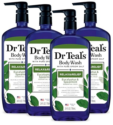Dr Teal's Epsom Salt Shower Gel 4-Pack (Total 24ml) Relaxation and Relief with Eucalyptus and Mint