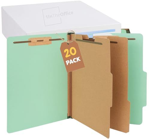 1InTheOffice Klassifizierungsordner aus Pressspan, grüne Klassifizierungsordner, 2 Trennblätter, Buchstabengröße, 6,4 cm Erweiterung, 20 Stück