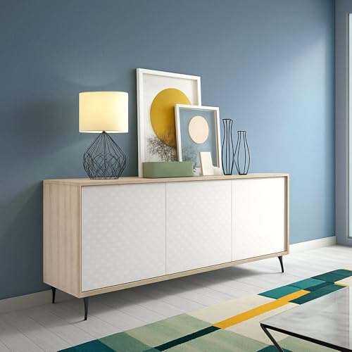 Dmora - Buffet Fresia, Buffet avec 3 portes et 1 étagère réglable, Buffet de salon élégant, Meuble TV, 100% Made in Italy, 184x45h77 cm, Blanc et Chêne