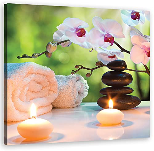 Feeby Vlies Leinwandbild Kerzen Spa Zen Steine 30x30 cm Wand Bild Kunstdruck Deko Wohnzimmer Wohnungs Deko Orchidee Stilleben Wellness Rosa