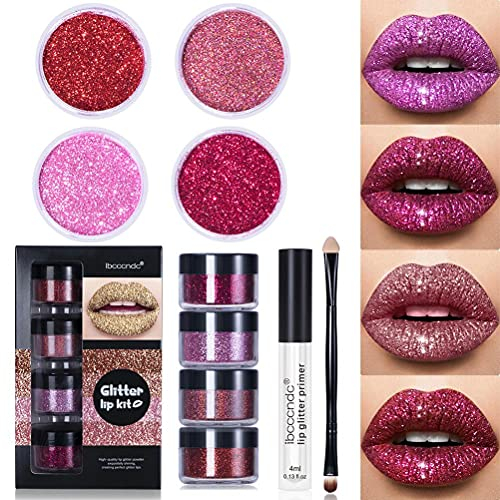 Prevessel Glitzer Lip Kit, 4 Farbe Metallic Glitzer Lippenstift Glitzerpulver Wischfester Langanhaltender Stay Golden Cosmetics Glitter Lip Kit mit Lip Primer und Pinsel Party,