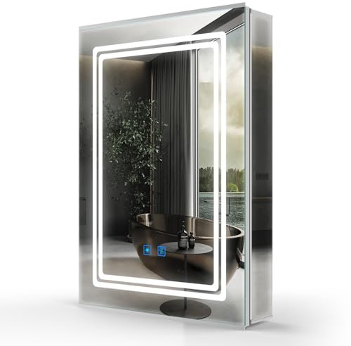 LUMIRRORS® Bathroom Mirror Cabinets with Lights and Shaver Socket 50x70cm Illuminated Bathroom Cabinets with Mirror Wall mounted with Internal LED Lighting Demister Touch Switch Vanity Mirror IP44