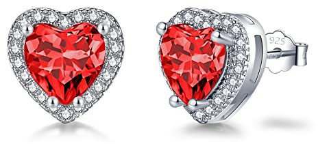 SNORSO Clous D'oreilles Argent Pour Femme Fille, Boucles d'oreilles Zircon Cubique Coeur, Boucles d'oreilles Grenat Pierre de Naissance Janvier Rouge, Cadeau Anniversaire Mariage pour Femme Fille