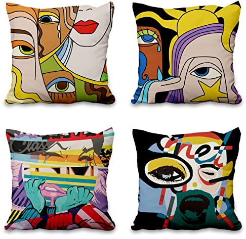 Aoihrraan Kissenbezüge, 4er-Set Lustiges Abstraktes Graffiti Gesicht Kissenbezug Quadratisch Leinen Mit Unsichtbarem Reißverschluss für Sofa Auto Garten Bett Couch Haus Dekorativ 46 x 46 cm