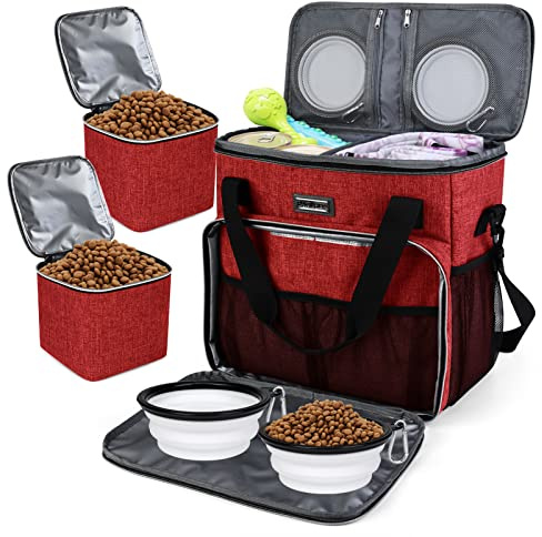 BAGLHER Dog Travel Bag, Pet Travel Bag (ALL Pet Travel Supplies), With 2 Pet Food Containers and 2 Collapsible Silicone Bowls; Essential Kits for Travel Red