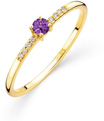 OROVI Damen Goldschmuck, Gold Ring, Solitaire Amethyst und 8 Diamanten 0.03 ct., Verlobungsring, Edelsteine, Geburtsstein, 9 Karat (375) Gelbgold