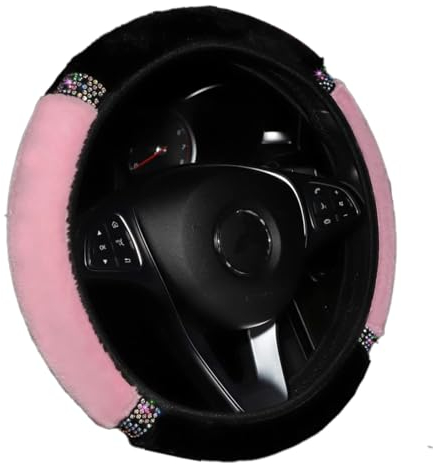 Universal Auto Lenkradbezug Glitzer Bling Plüsch Lenkradhülle,Warm Winter-Schutz rutschfest Teleskop Lenkrad Abdeckung Rhinestones Auto-Dekorzubehör Lenkradabdeckung Lenkradschoner für Damen,Rosa