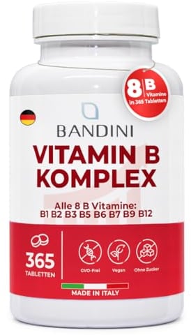 Bandini® Vitamine B Complex 365 Comprimés Vegan (1 An) | Vitamines group B dosage élevé B1, B2, B3, B5, B6, B8 (Biotine), B9 (Acide Folique), B12 | Multivitamines B-Complex Fatigue & Immunité