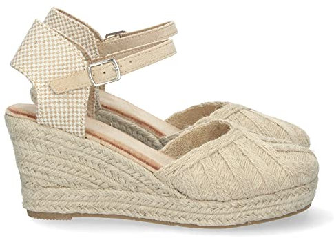 shoes&blues.es 71005 Sandalia de Cuna para Mujer, Comoda, Forrada de Yute, Pala Cerrada de Rafia, y Cierre de Hebilla, Primavera Verano 2023 Beige Talla 37