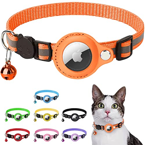 LZXLXS Airtag Katzenhalsband, Airtag Katze Halsband kompatibel mit Apple Airtag, Reflektierendes Kätzchenhalsband mit Halterung und Glocke für Mädchen Junge Katzen, Orange