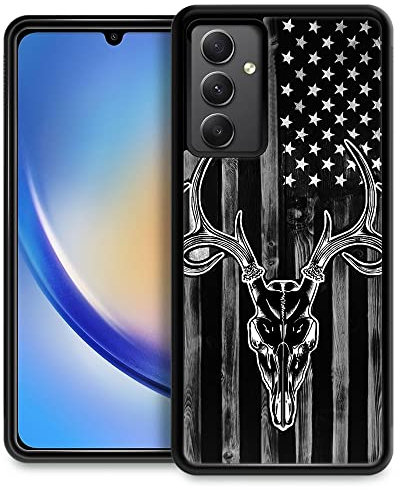 DJSOK Kompatibel mit Samsung Galaxy A54 5G Hülle, schwarze Holzmaserung, USA, amerikanische Flagge, Jäger, Hirsch, Rückseite + weiche Silikon-TPU-Luftdrucktechnologie, stoßfeste Schutzhülle
